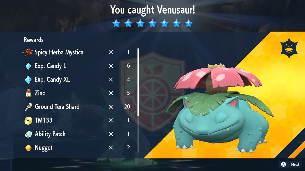 7 Star Venusaur Capture Screen
