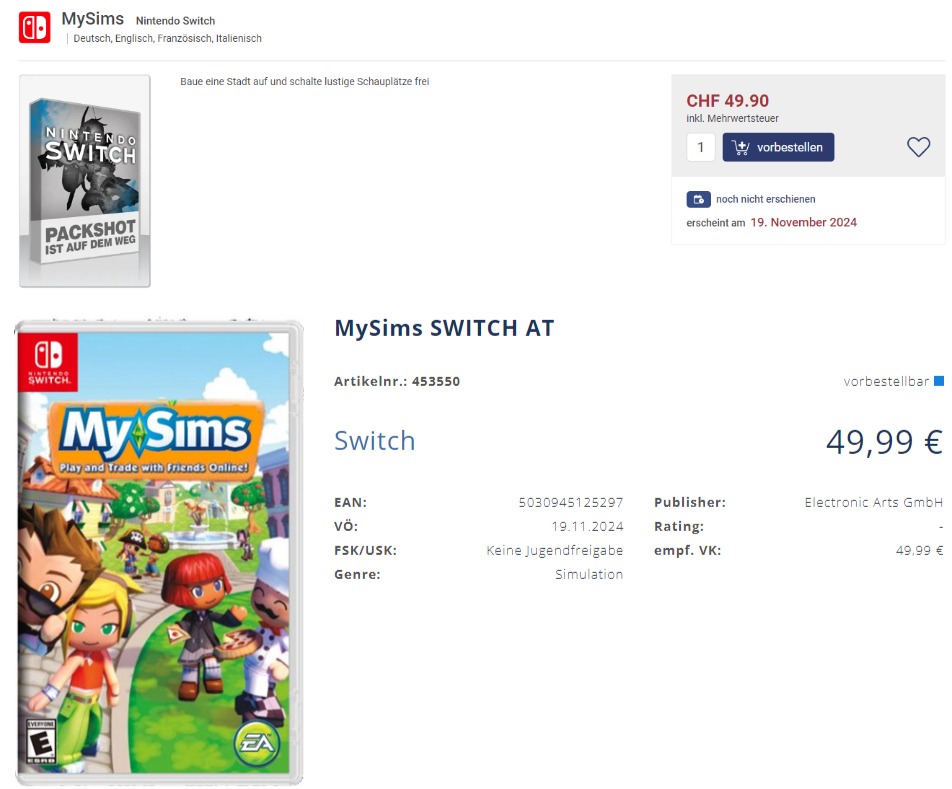 MySims Switch listings